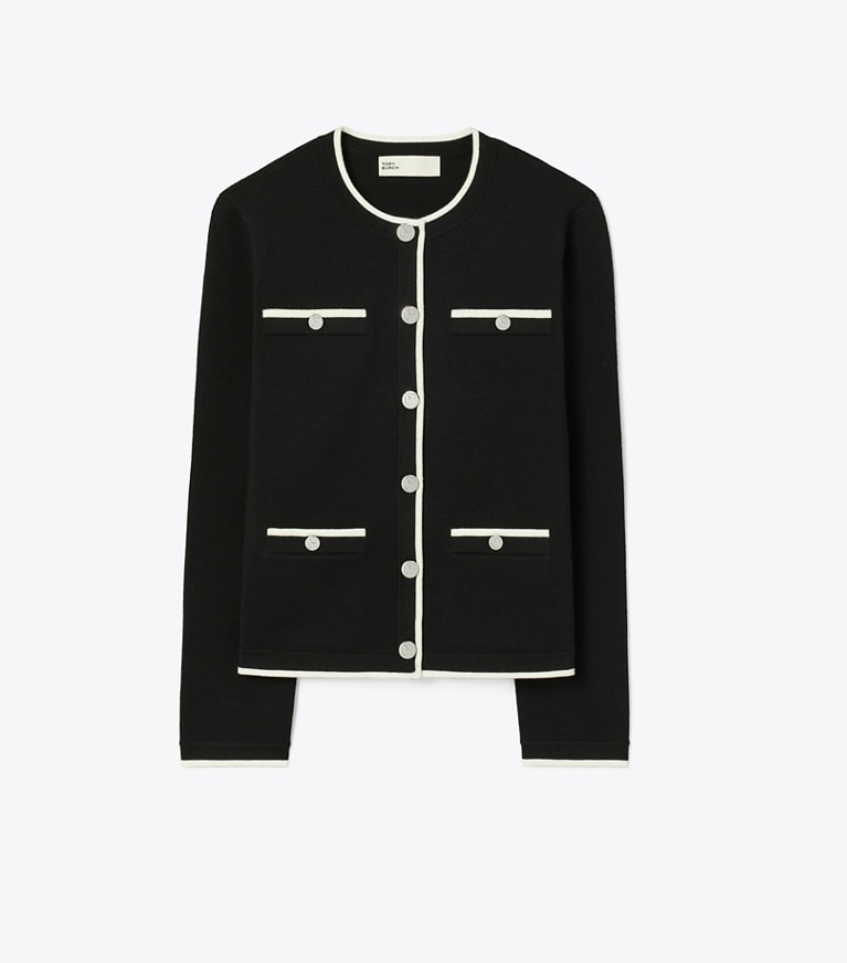 Tory Burch designer sweaters Kendra Wool Cardigan in Black / New Ivory front