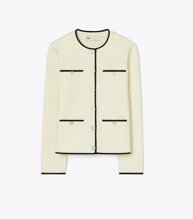 Tory Burch designer sweaters Kendra Wool Cardigan in NEW IVORY/ BLACK front