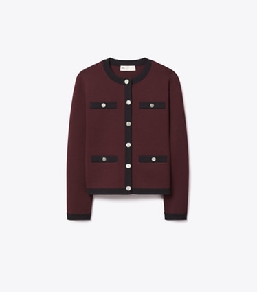 Tory Burch designer sweaters Kendra Wool Cardigan in Merlot / Black front