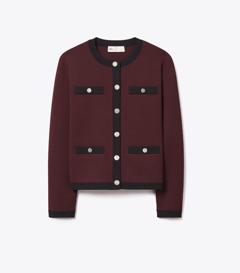 Tory Burch designer sweaters Kendra Wool Cardigan in Merlot / Black front