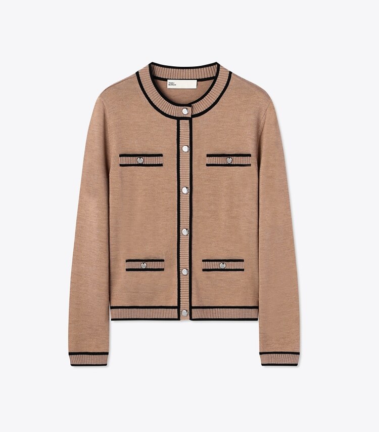 Tory Burch designer セーター ケンドラ ウール カーディガン in Camel Heather / BLACK front