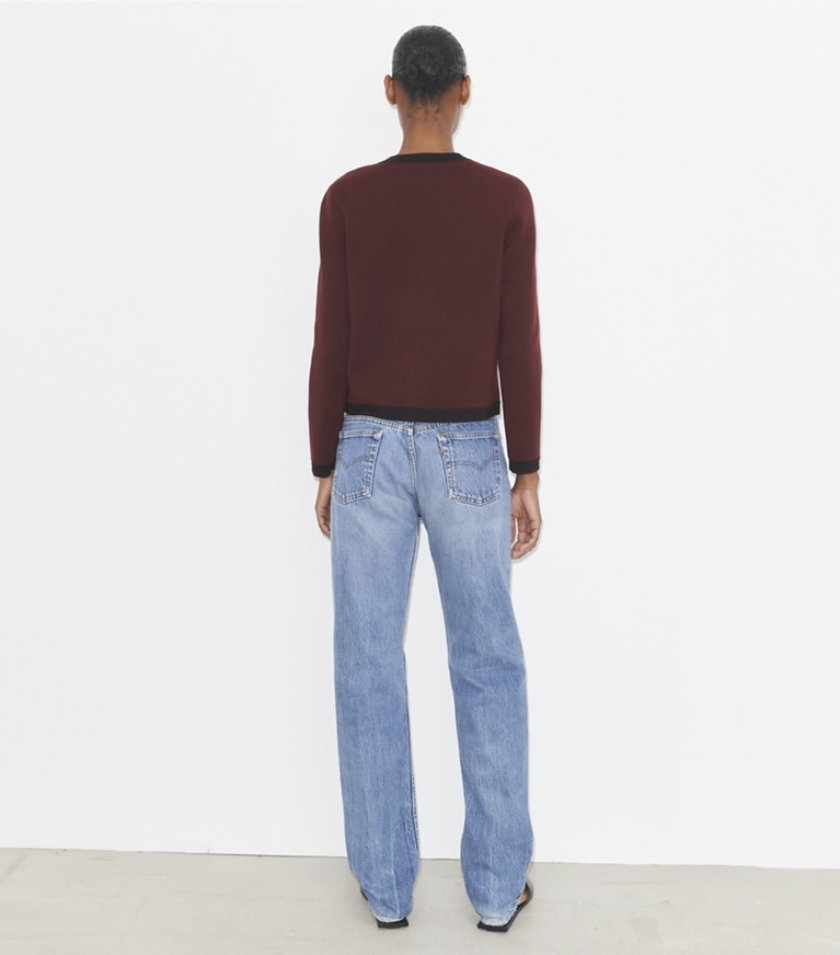 Tory Burch designer sweaters Kendra Wool Cardigan in Merlot / Black front