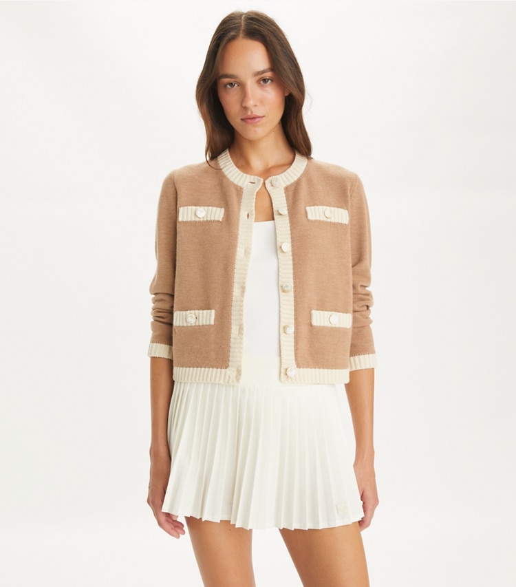 Tory Burch designer セーター ケンドラ ウール カーディガン in Camel Heather / French Cream on model detail