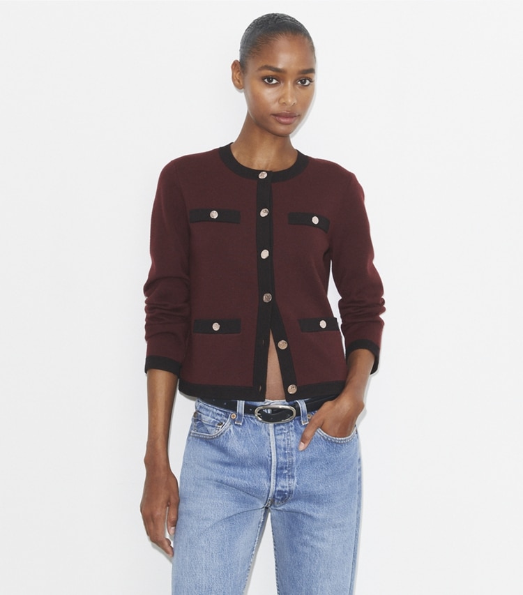 Tory Burch designer sweaters Kendra Wool Cardigan in Merlot / Black on model detail