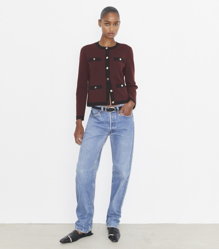 Tory Burch designer sweaters Kendra Wool Cardigan in Merlot / Black front