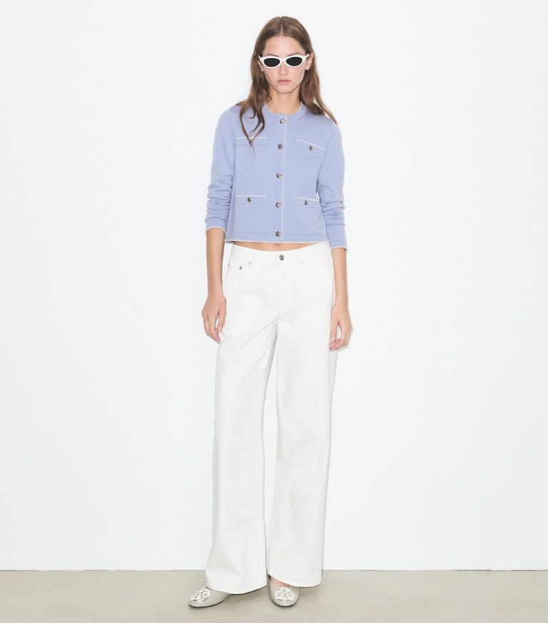 Tory Burch designer sweaters Kendra Wool Scalloped Cardigan in Pale Blue / New Ivory additional on model
