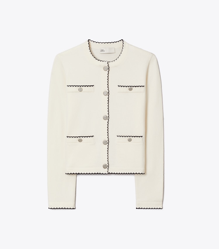 Tory Burch designer sweaters Kendra Wool Scalloped Cardigan in New Ivory / Medium Navy front