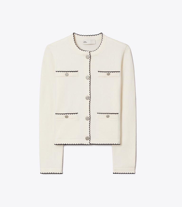 Tory Burch designer sweaters Kendra Wool Scalloped Cardigan in New Ivory / Medium Navy front