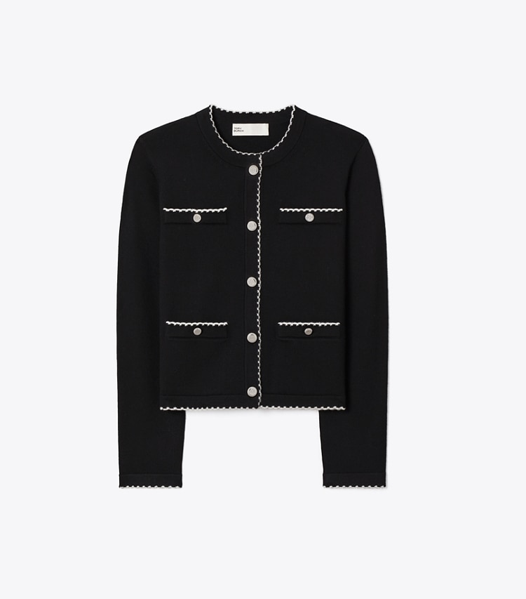Tory Burch designer セーター ケンドラ ウール スカラップ カーディガン in Black / New Ivory front