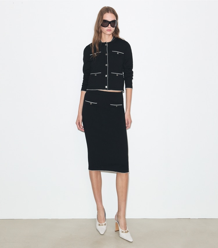 Tory Burch designer セーター ケンドラ ウール スカラップ カーディガン in Black / New Ivory モデル前面