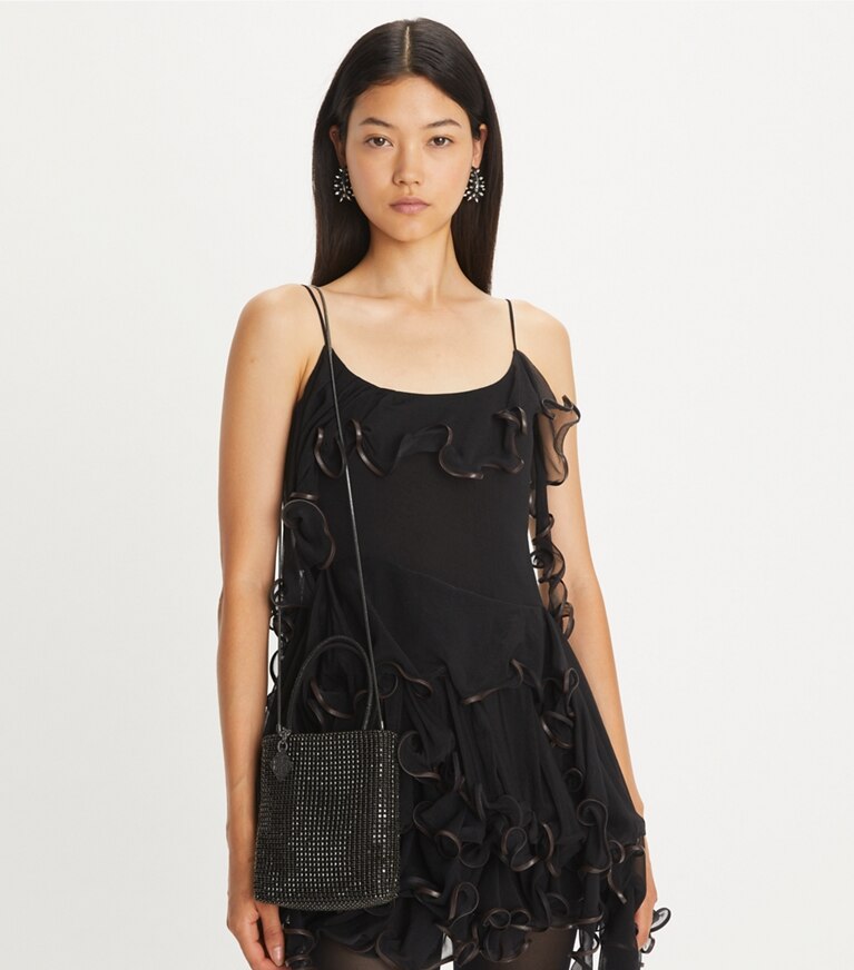 Tory Burch designer crossbody bags Key Item Mini Tote Bag mit Kristallverzierung in Black angle