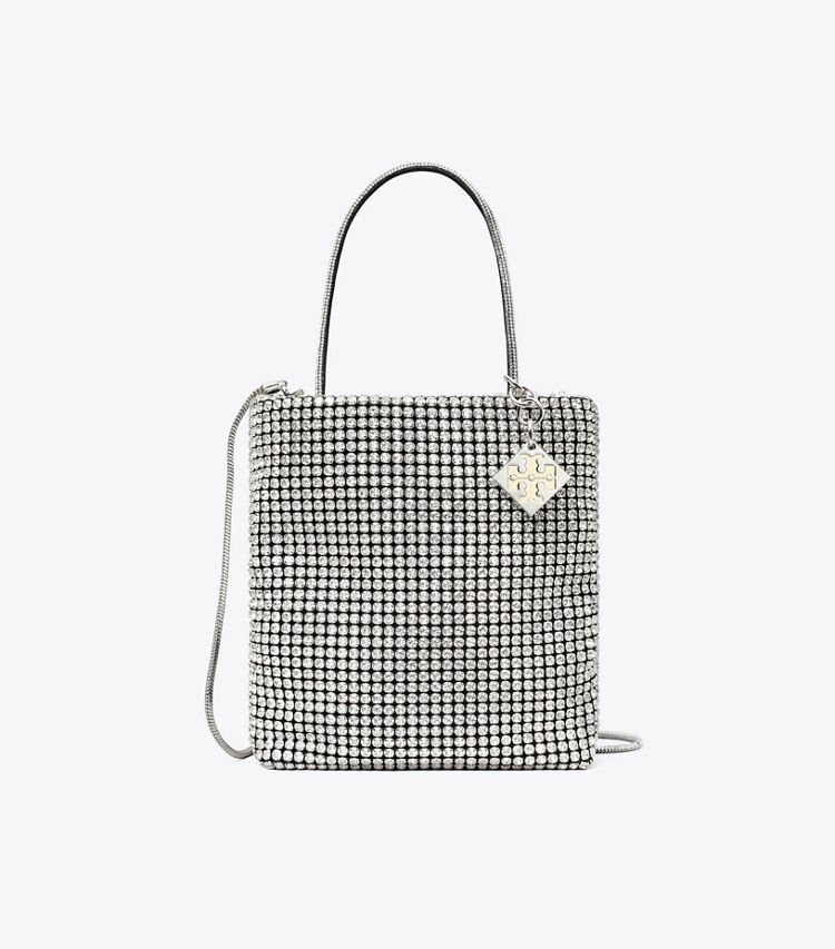 Tory Burch designer crossbody bags Key Item Mini Tote Bag mit Kristallverzierung in Silver front