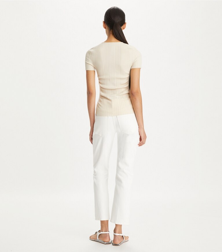 Tory Burch designer bottoms Kick Flare Denim Jean in White Chalk Wash front