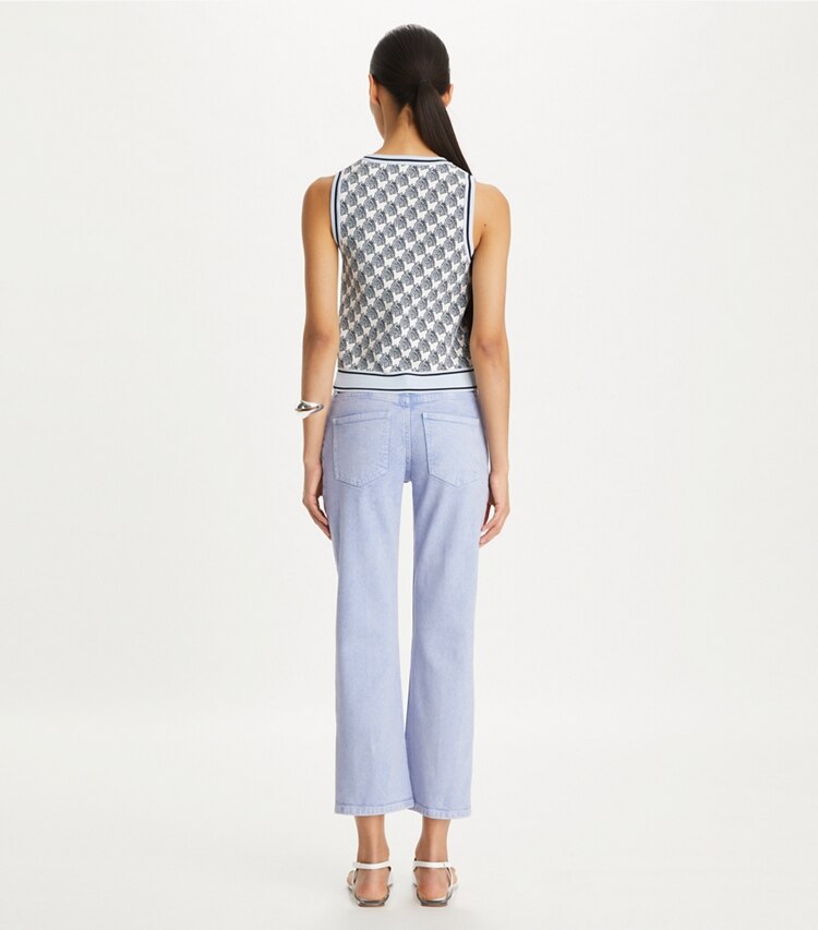 Tory Burch designer ボトムス キックフレア デニムジーンズ in Ice Blue Overdye on model back