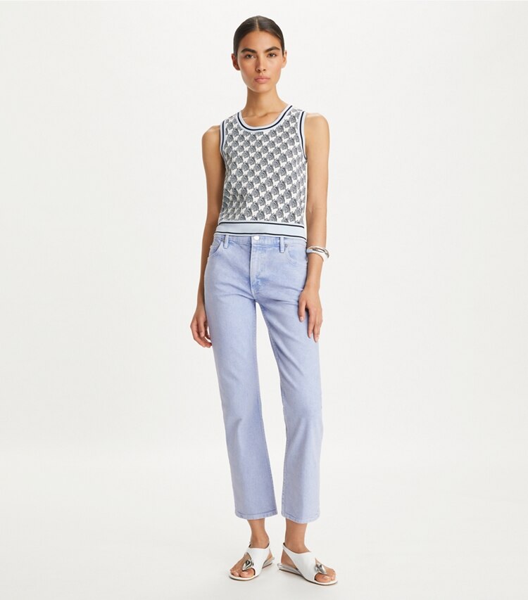Tory Burch designer ボトムス キックフレア デニムジーンズ in Ice Blue Overdye モデル前面
