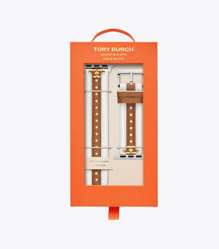Tory Burch designer smartwatch Kira Armband für Apple Watch® aus Leder in Ivory/Luggage in IVORY/LUGGAGE front