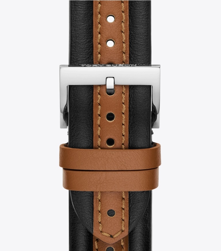 Tory Burch designer watches tory track smart watches Kira Band for Apple Watch®, Black/Luggage Leather in BLACK/LUGGAGE front