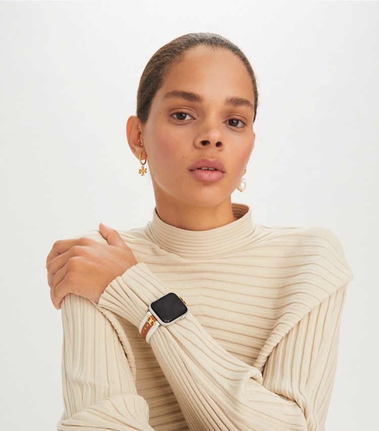 Tory Burch designer watches tory track smart watches Kira Band for Apple Watch®, Ivory/ Luggage Leather in IVORY/LUGGAGE accessory on model