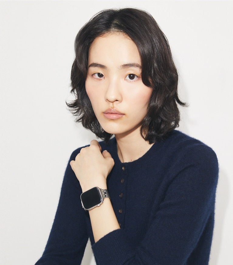 Tory Burch designer smart watches Kira Band for Apple Watch® in SILVER accessory on model