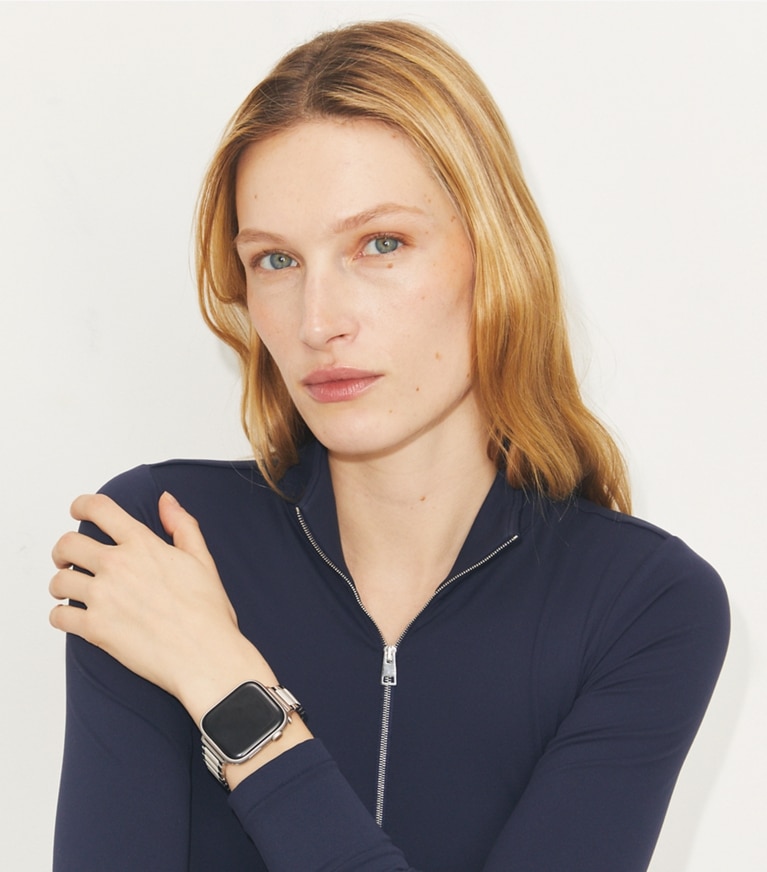 Tory Burch designer smart watches Kira Band for Apple Watch® in SILVER/IVORY accessory on model