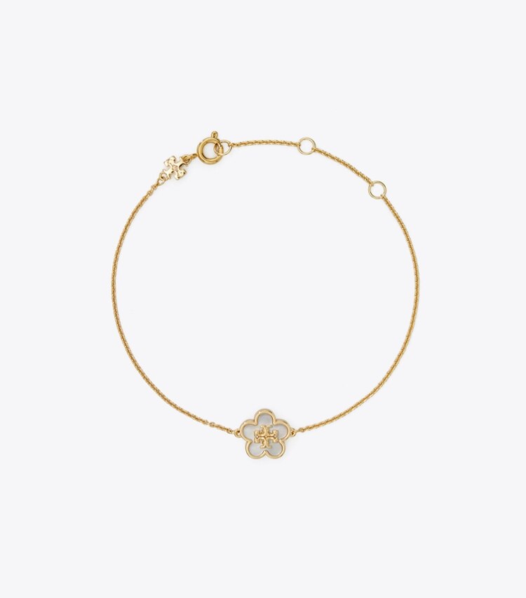 Tory Burch designer armbänder Kira Blumenarmband in Tory Gold / Mother of Pearl front