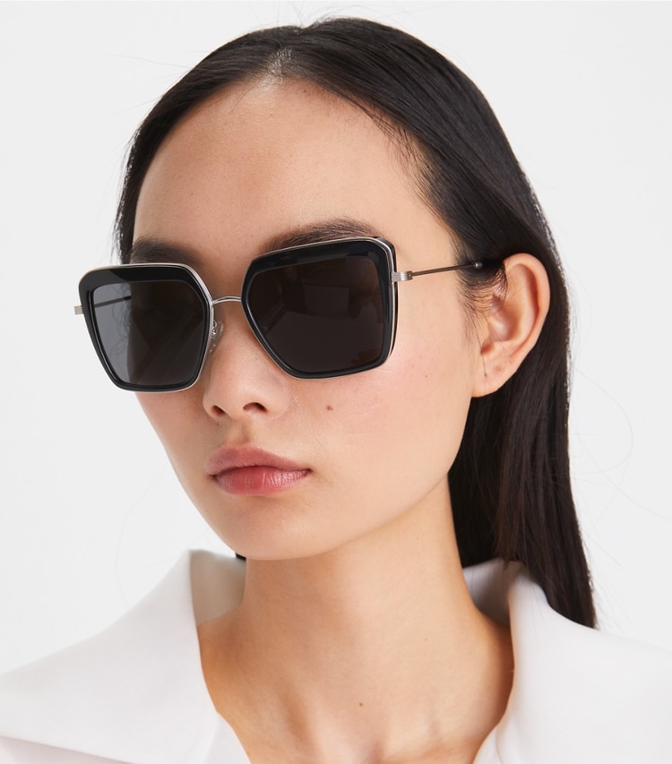 Tory Burch designer sunglasses & eyewear Kira Bold Rim Sunglasses in DARK TORTOISE/DARK BROWN accessory on model