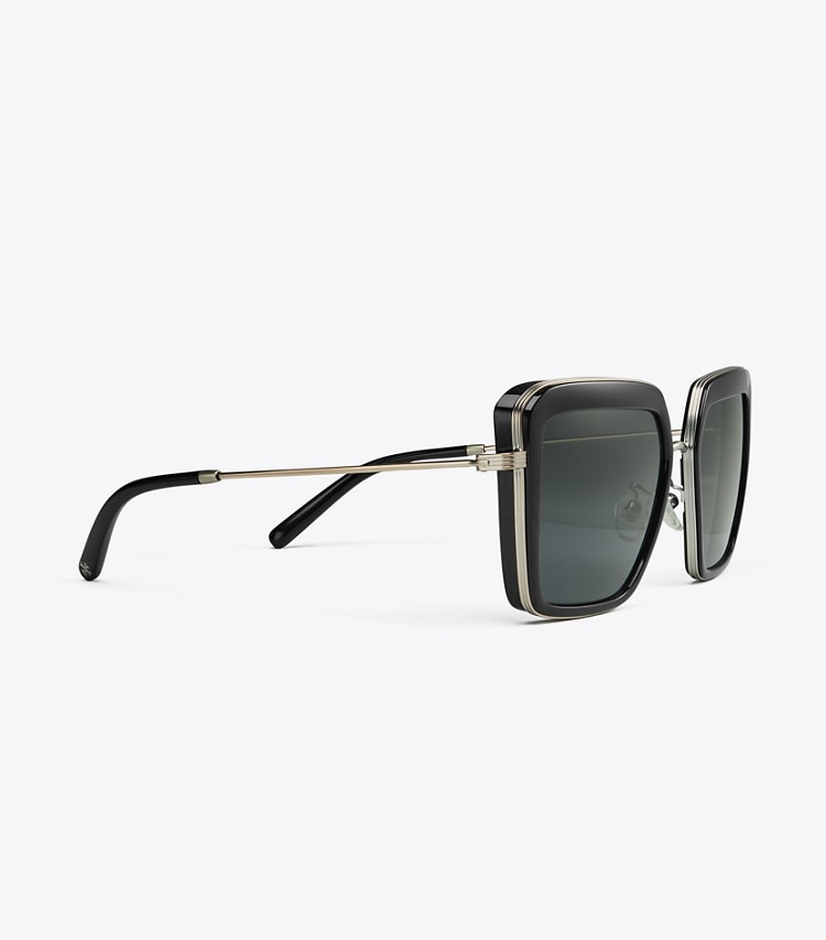 Tory Burch designer sunglasses & eyewear Kira Bold Rim Sunglasses in BLACK/DARK GREY detail