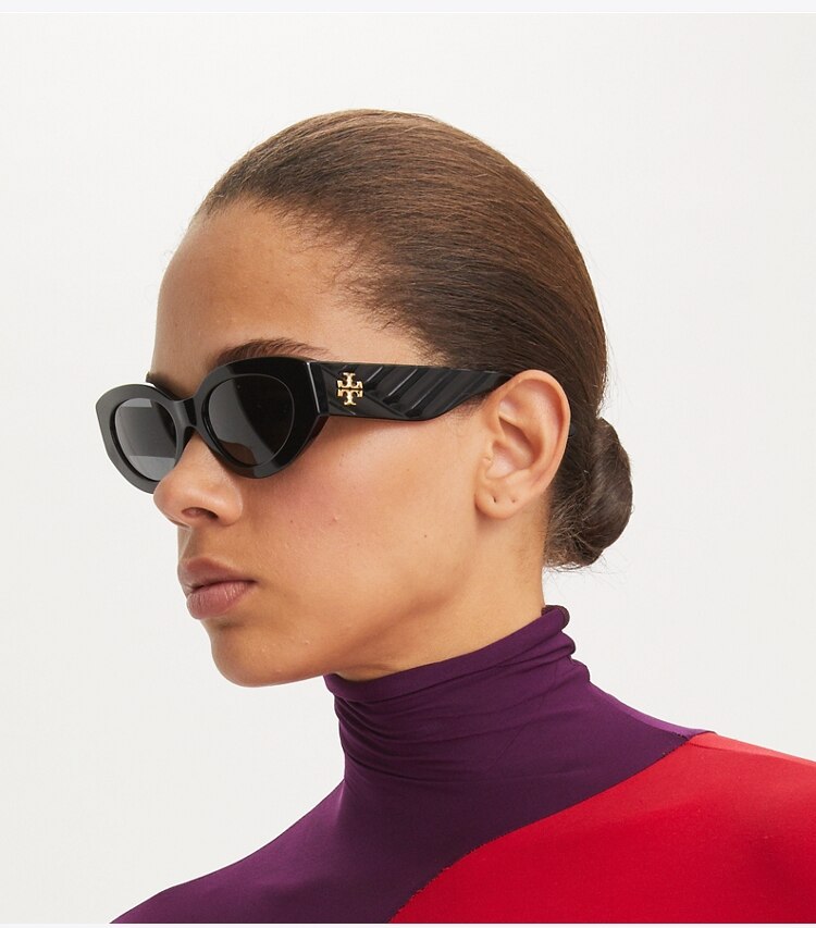 Tory Burch designer sunglasses & eyewear Kira Cat-Eye Sunglasses in BLACK/SOLID GREY accessory on model