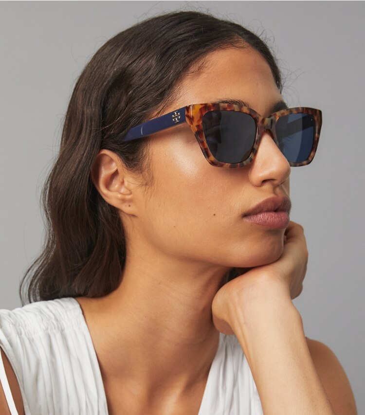 Tory Burch designer sunglasses & eyewear Kira Cat-Eye Sunglasses in DALMATIAN TORTOISE/BORDEAUX accessory on model