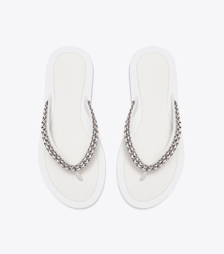 Tory Burch designer sandals Kira Chain Flip-Flop in WHITE overhead