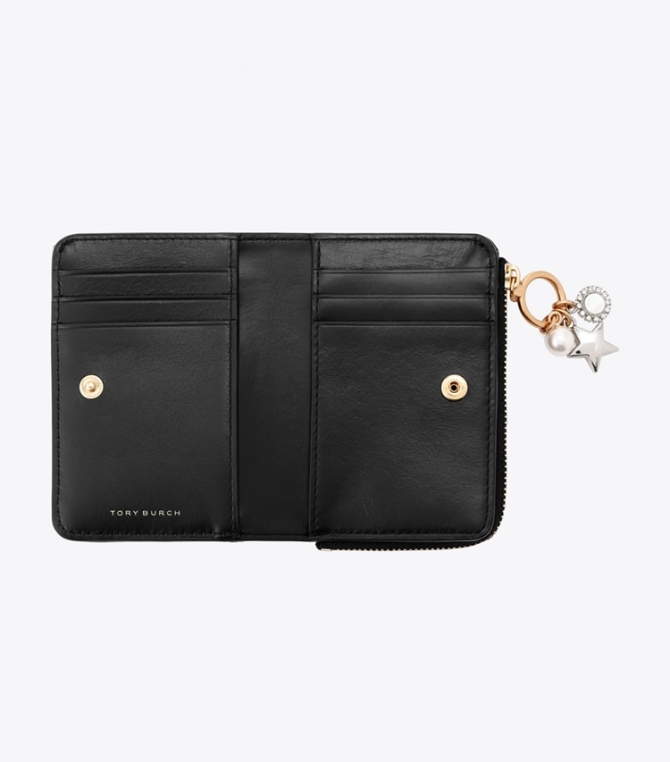 Tory Burch designer 財布 キラ チャーム ダイヤモンドキルト バイフォールドウォレット in Black オーバーヘッド