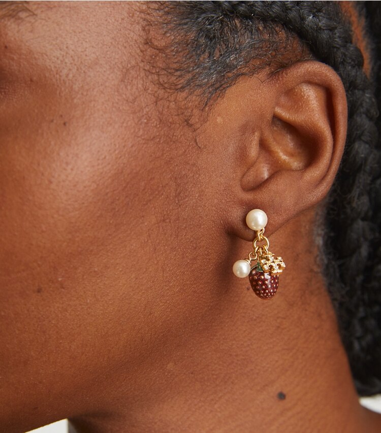 Tory Burch designer earrings Kira Charm Earring in Tory Gold / New Ivory / Red additional on model