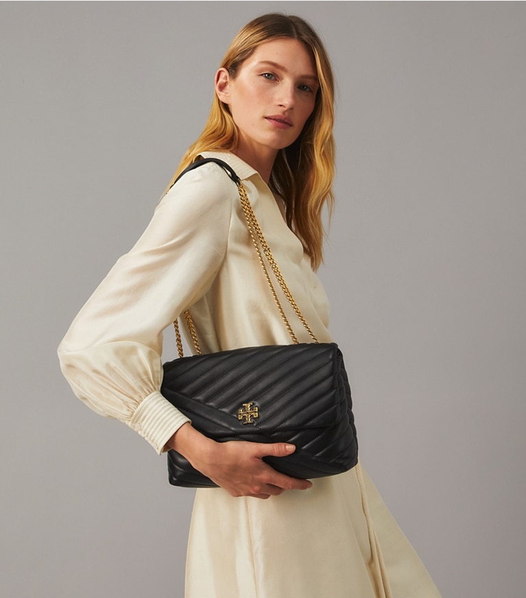 Tory Burch designer shoulder bags Kira Chevron Convertible Shoulder Bag in Black angle