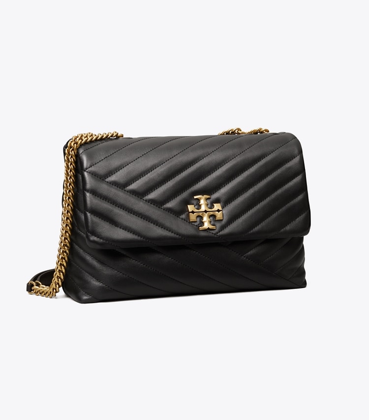 Tory Burch designer shoulder bags Kira Chevron Convertible Shoulder Bag in Black / Rolled Brass angle