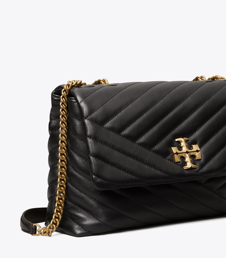 Tory Burch designer shoulder bags Kira Chevron Convertible Shoulder Bag in Black / Rolled Brass detail