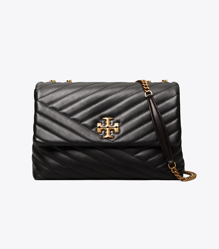 Tory Burch designer shoulder bags Kira Chevron Convertible Shoulder Bag in Black / Rolled Brass front