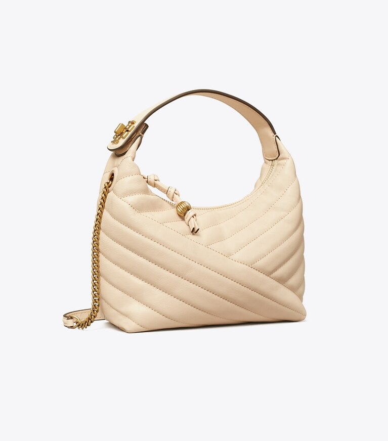 Tory Burch designer shoulder bags Kira Chevron Crescent Bag in NEW CREAM / Rolled Gold angle