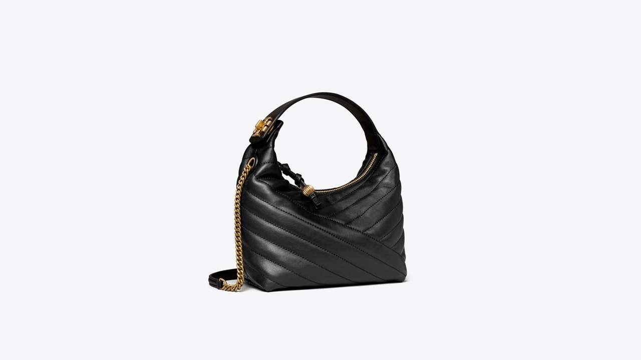 Kira Chevron Small Hobo Bag - Tory Burch - Black/Rolled Nickel - Leath