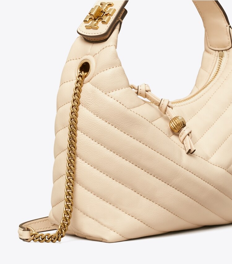 Tory Burch designer shoulder bags Kira Chevron Crescent Bag in NEW CREAM / Rolled Gold detail