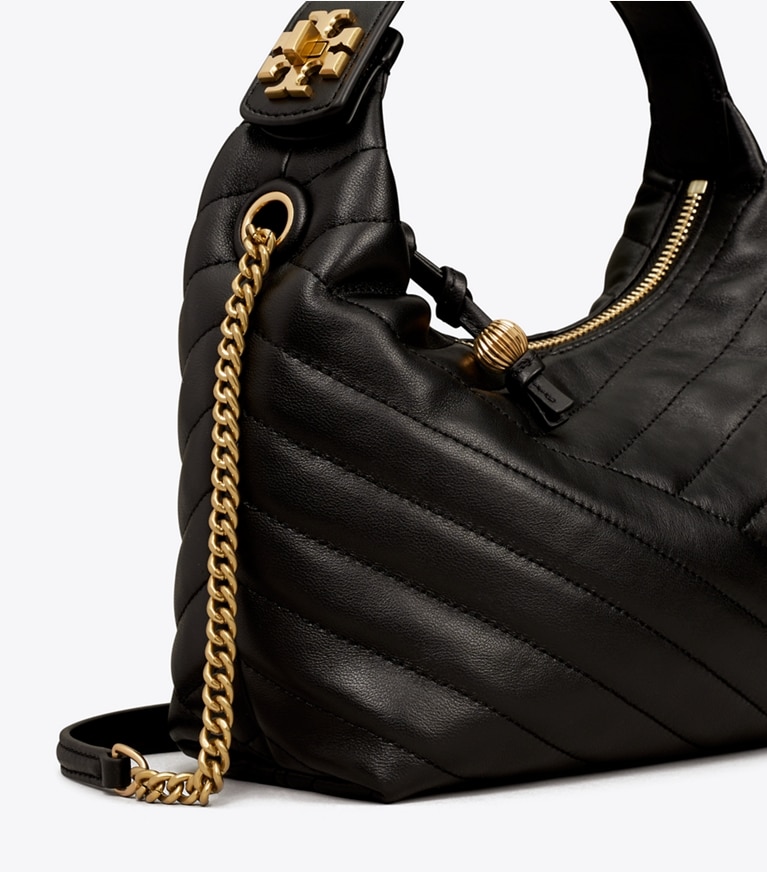 Tory Burch designer shoulder bags Kira Chevron Crescent Bag in Black / Rolled Gold angle