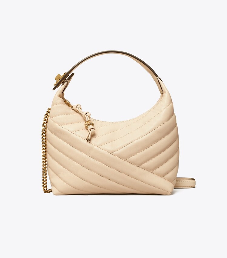 Tory Burch designer shoulder bags Kira Chevron Crescent Bag in NEW CREAM / Rolled Gold front