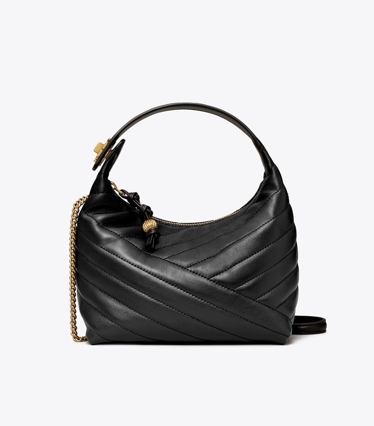 Tory Burch designer shoulder bags Kira Chevron Crescent Bag in Black / Rolled Gold front