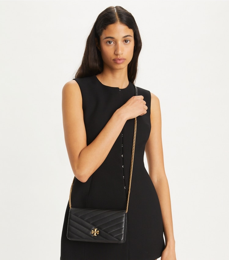Tory Burch designer mini bags Kira Chevron Crossbody in Black accessory on model
