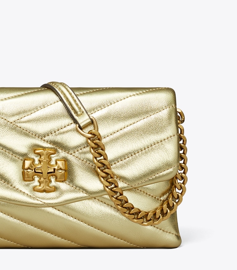 Tory Burch designer mini bags Kira Chevron Metallic Chain Wallet in GOLD angle
