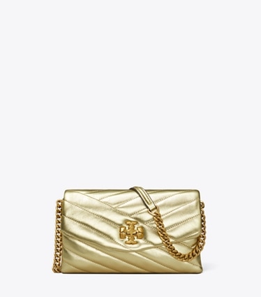 Tory Burch designer mini bags Kira Chevron Metallic Chain Wallet in GOLD front
