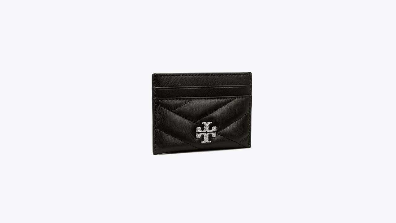 Tory Burch Kira Chevron Quilted Pave Logo Chain Wallet In Black/nickel