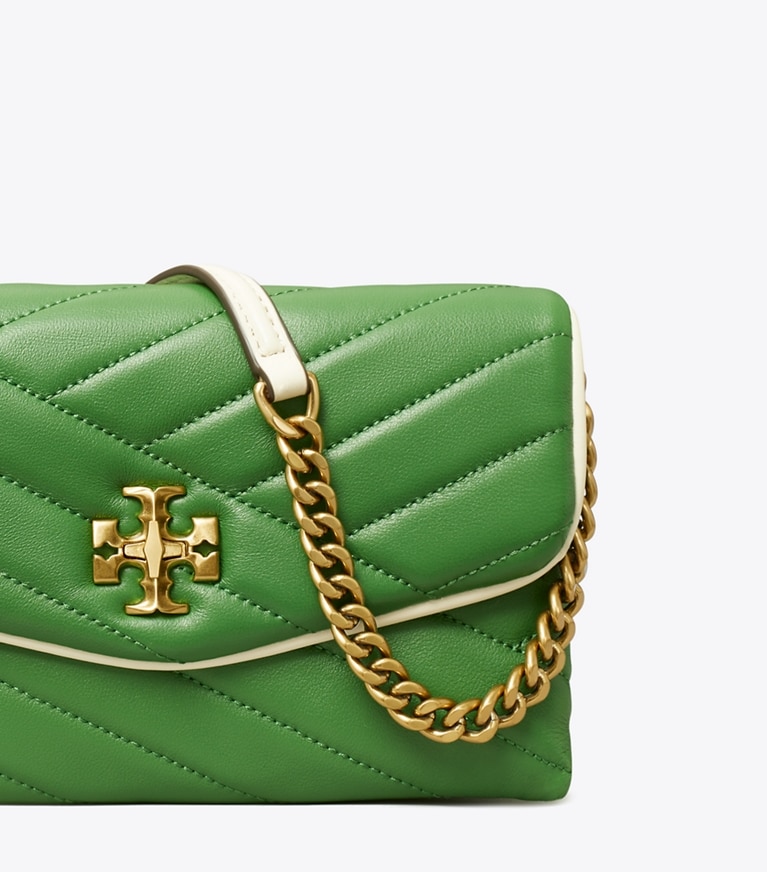 Tory Burch designer mini bags Kira Chevron Pop Edge Chain Wallet in Basil / Light Cream angle