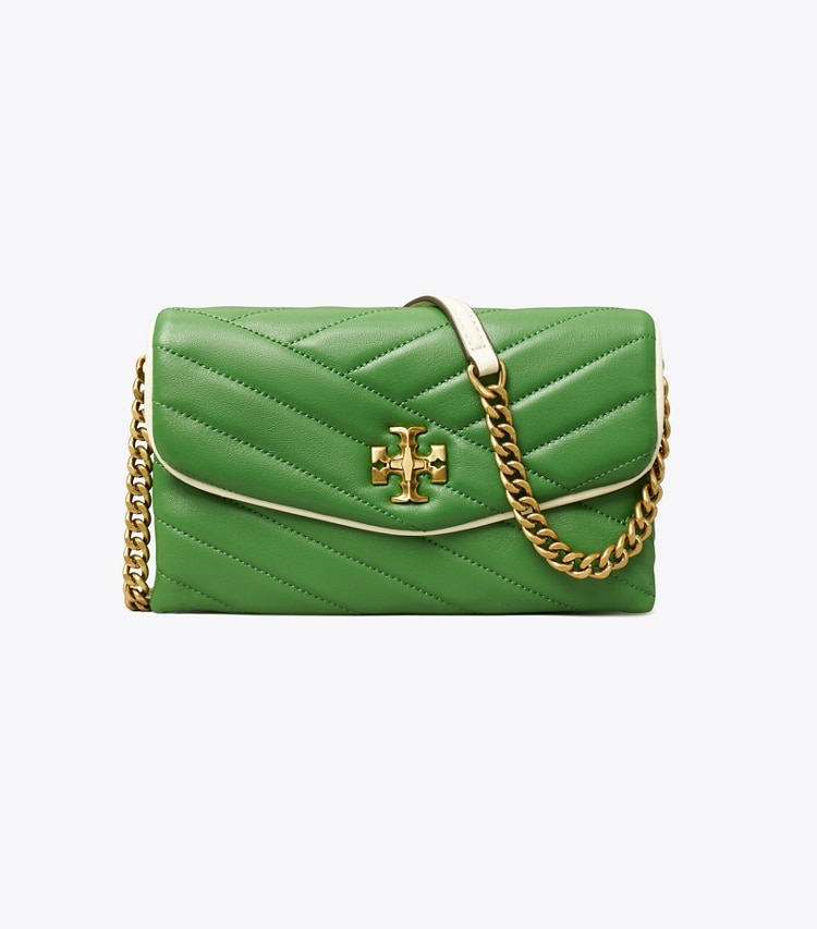 Tory Burch designer mini bags Kira Chevron Pop Edge Chain Wallet in Basil / Light Cream front