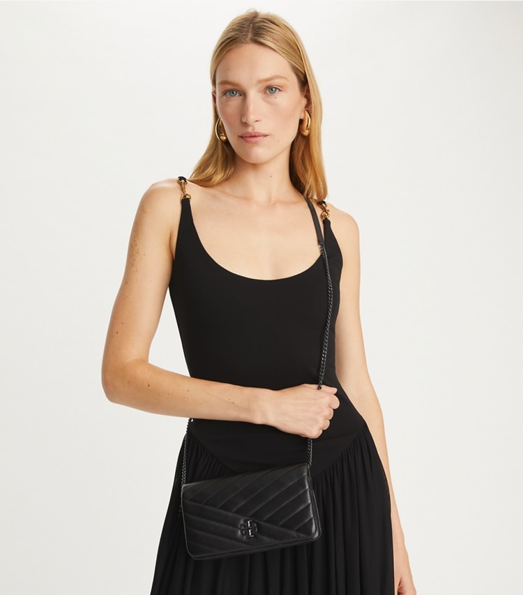 Tory Burch designer mini bags Kira Chevron Powder Coated Crossbody in Black accessory on model