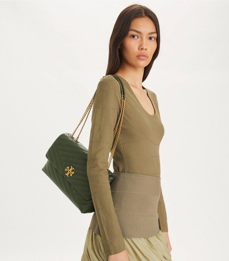 Tory Burch designer shoulder bags Kira Chevron Shoulder Bag in SYCAMORE accessory on model